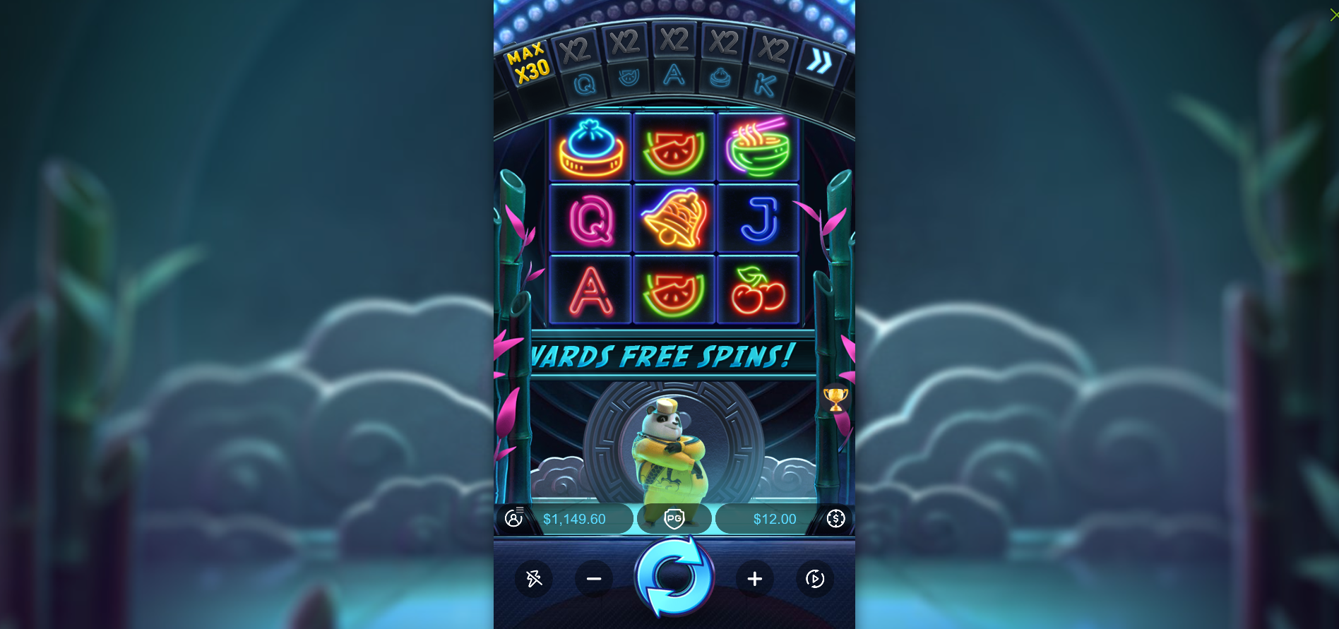 Hip Hop Panda base game showing 3x3 grid with neon symbols