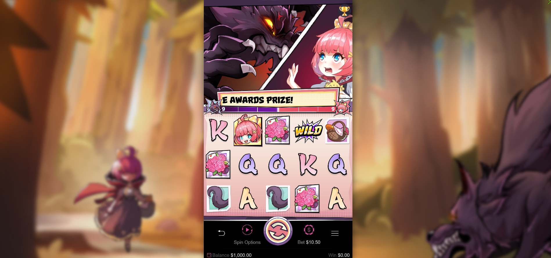 Hood vs Wolf base game showing the 5x3 reel layout with Hood and Wolf characters