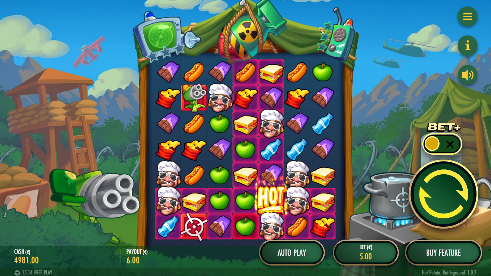 Hot Potato Battleground base game on a 7x7 grid showing Cluster Pays