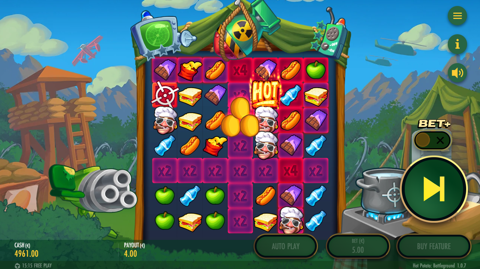 Hot Potato Battleground Exploding Wild Symbols showing three Wild types
