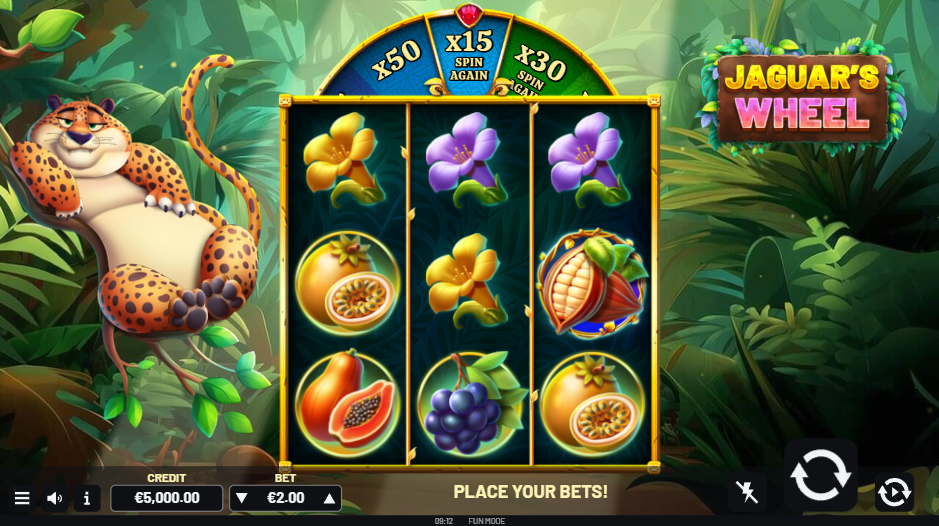 Jaguar's Wheel slot base game showing 3x3 grid with jungle theme symbols