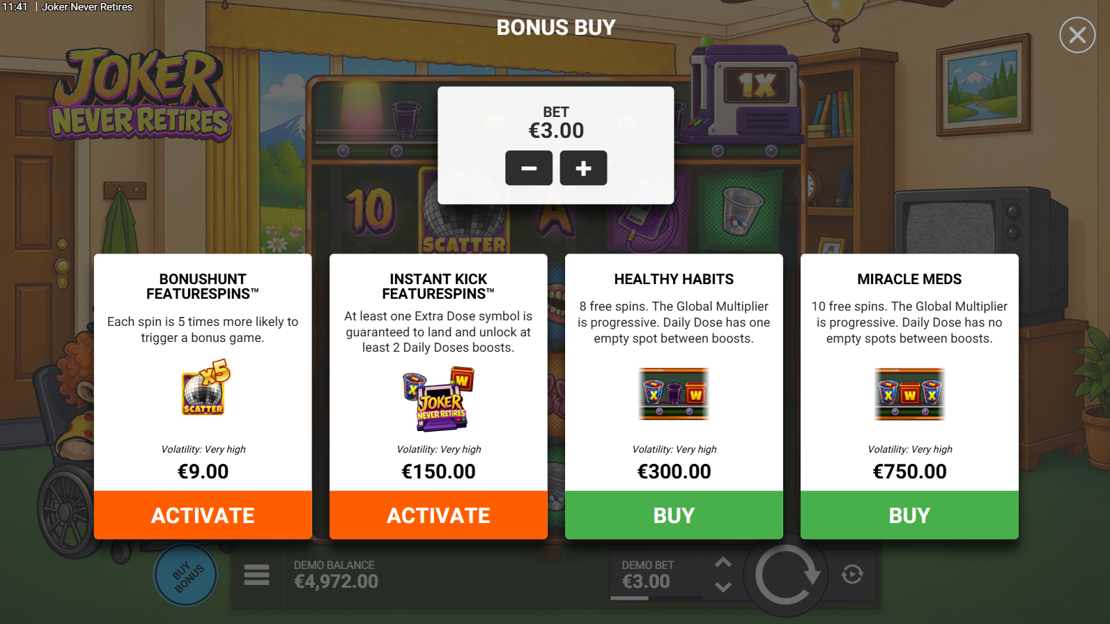 Joker Never Retires bonus buy options menu