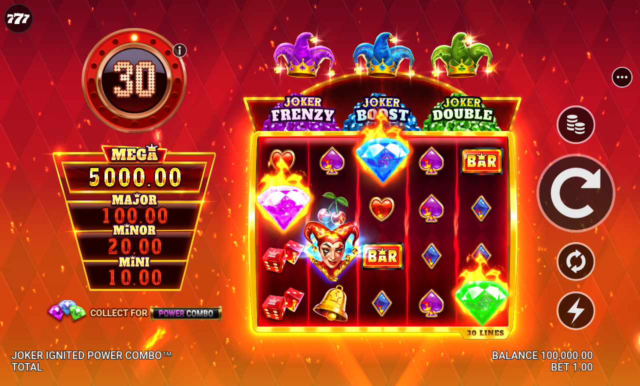 Joker Ignited Power Combo base game showing the 5x4 grid, the MEGA, MAJOR, MINOR and MINI jackpot ladder down the left and the three jester hat pots above the reels