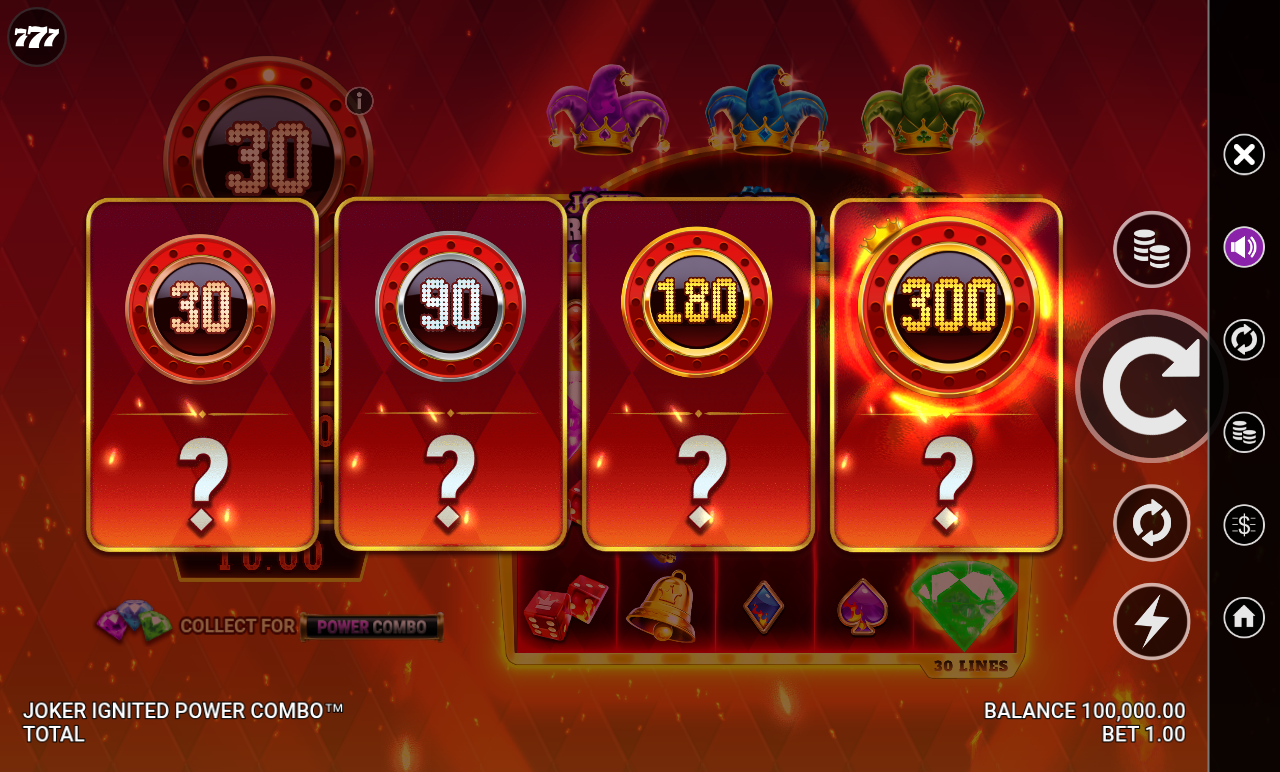 Joker Ignited Power Combo progression meter screen showing the four unlock levels at 30, 90, 180 and 300 spins