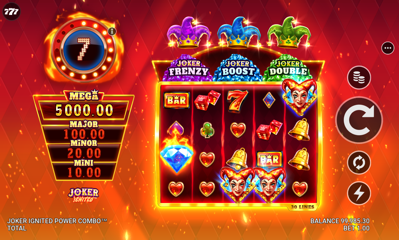 Joker Ignited Power Combo in play with three joker wild symbols on the reels and the JOKER IGNITED panel lit in the lower left