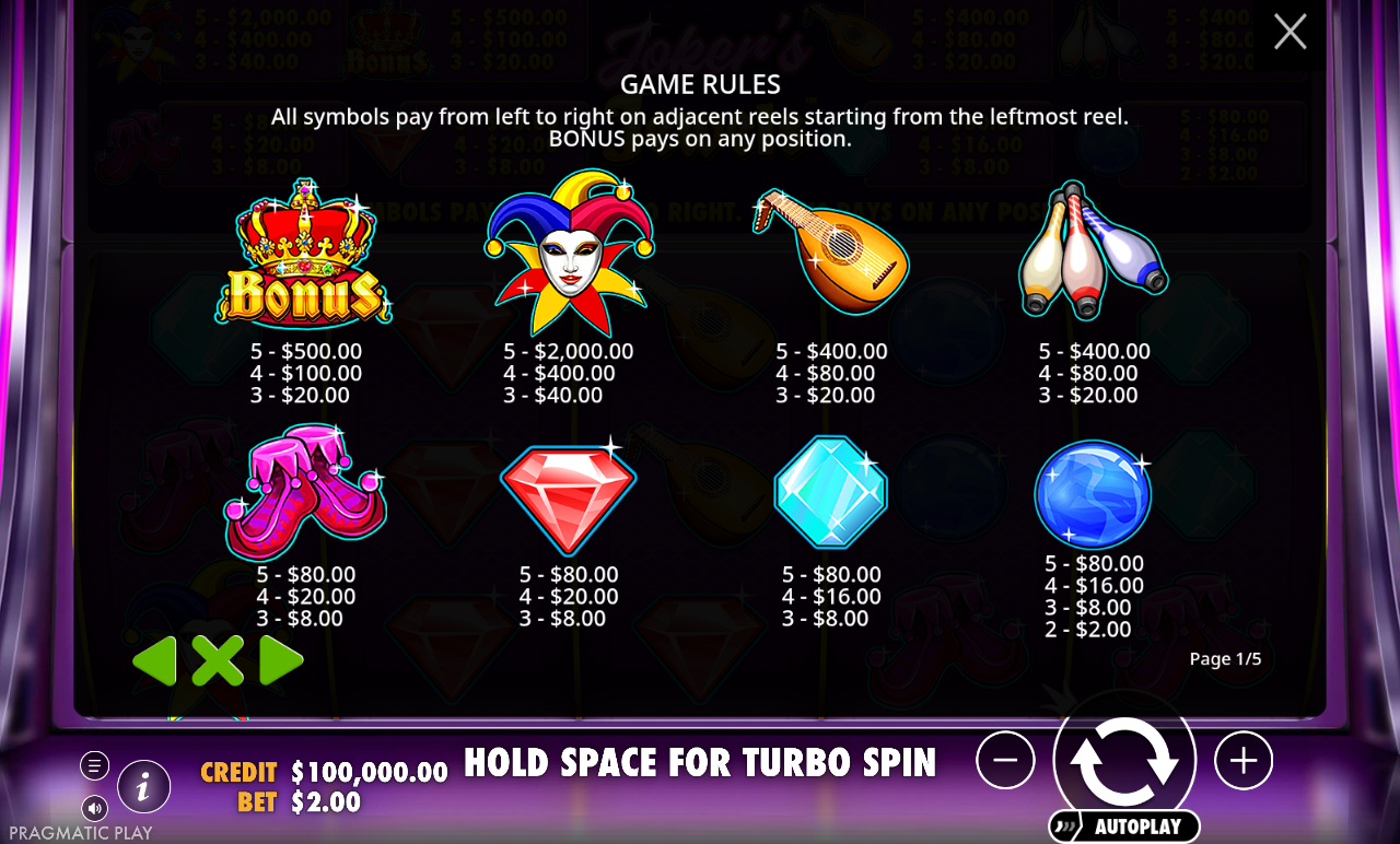 Joker's Jewels information screen