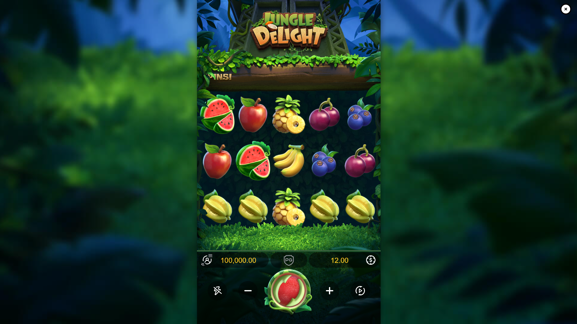 Jungle Delight base game gameplay showing 5x3 grid with fruit symbols