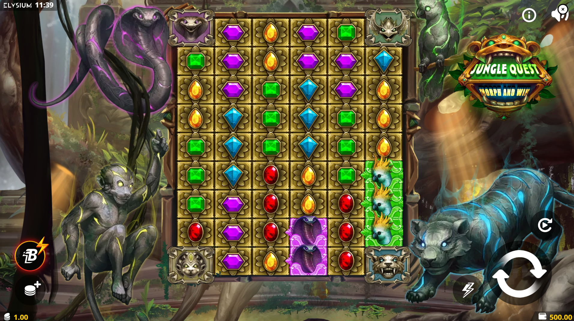 Jungle Quest base game play showing the 6x9 cluster grid with jungle symbols