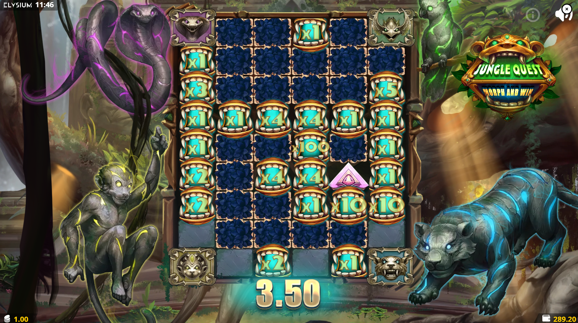 Jungle Quest bonus feature showing the corner bonus activation