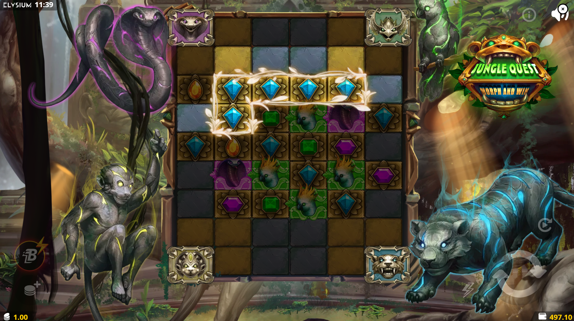 Jungle Quest Cluster Pays mechanic showing a winning cluster of five or more symbols