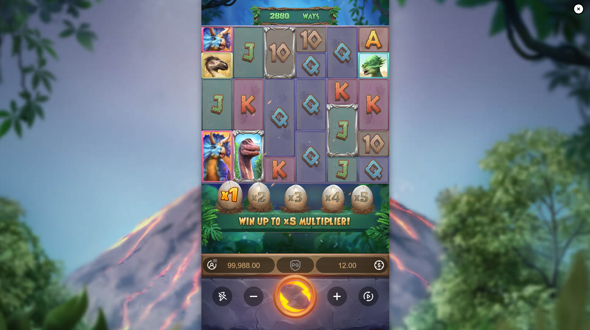 Jurassic Kingdom base game reels showing the 6x6 grid with Ways to Win counter and multiplier eggs