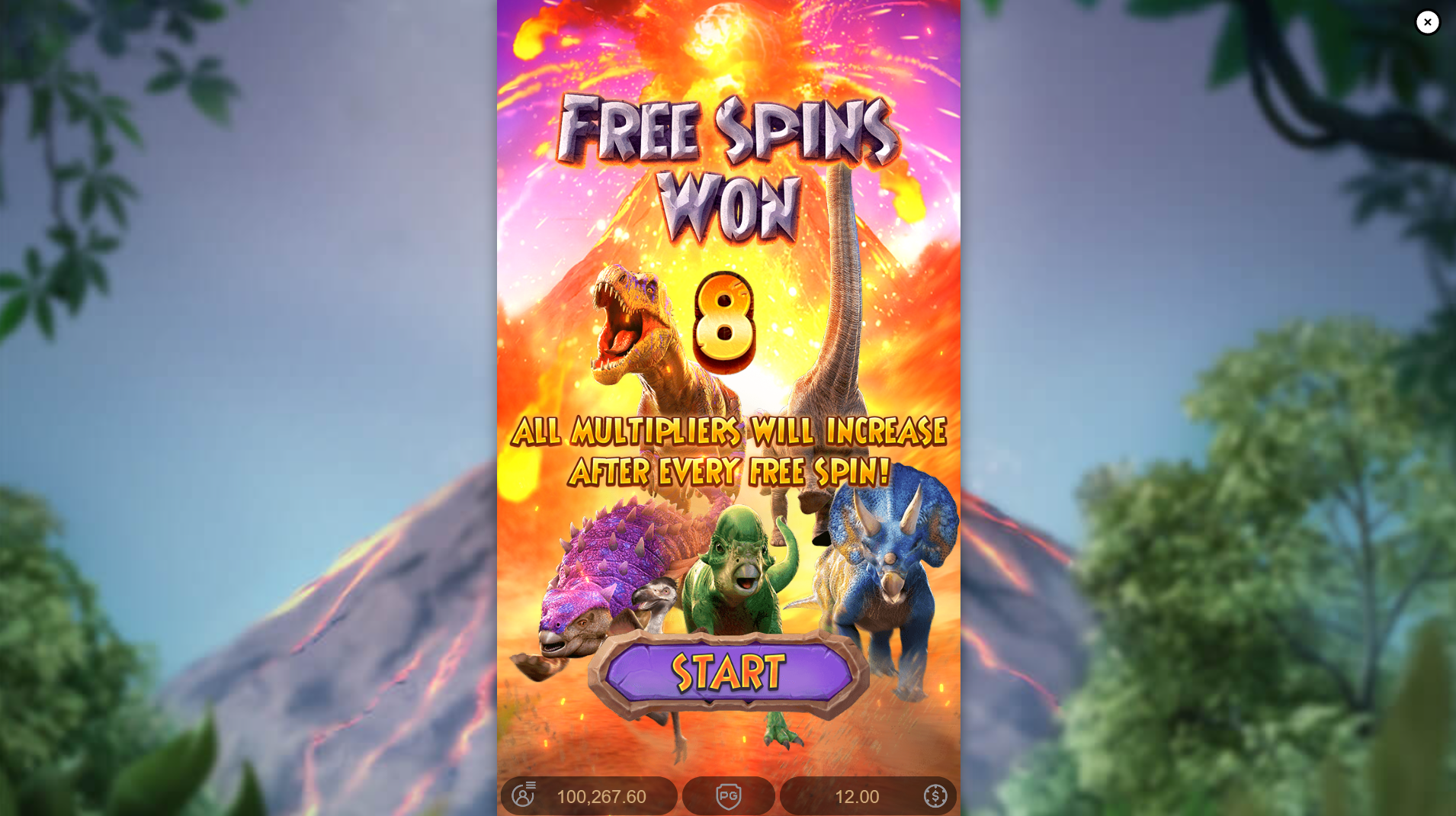 Jurassic Kingdom Free Spins trigger screen showing 4 Scatter symbols landing to award 8 free spins