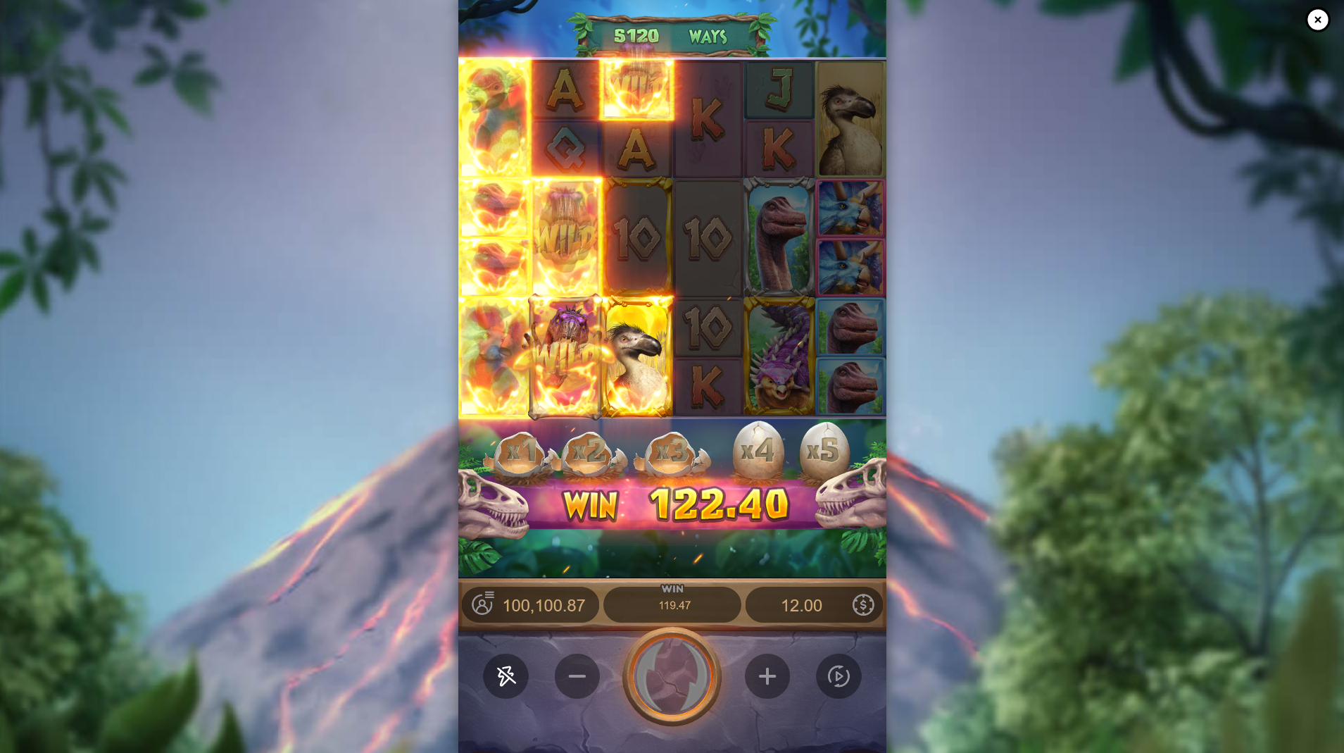 Jurassic Kingdom Win Multiplier mechanic showing the x1 through x5 multiplier eggs increasing with each cascade