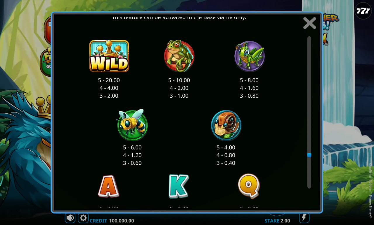 Kingfisher Bubbles Frame Frenzy information screen