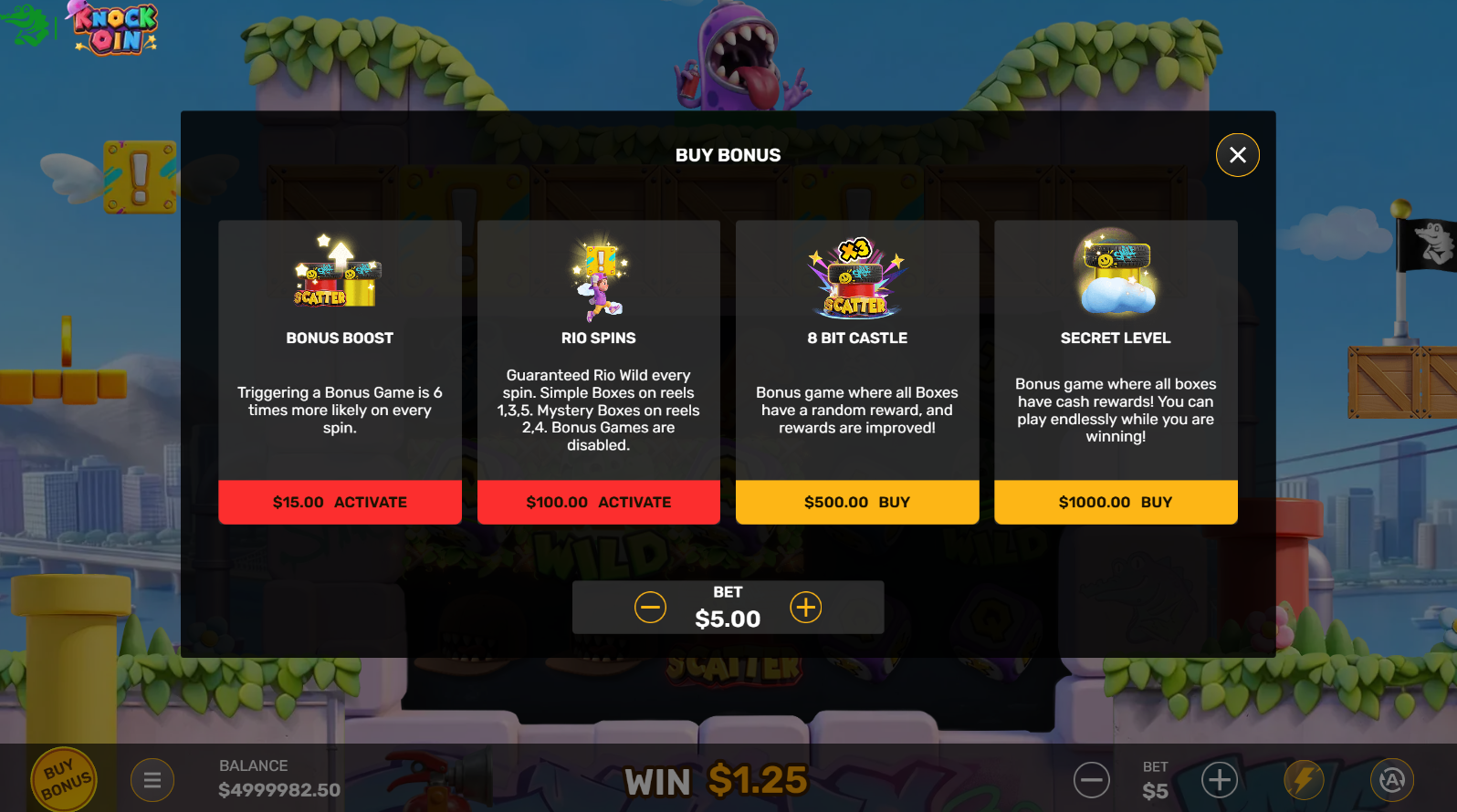 Knockoin slot bonus buy options menu showing four purchasable features