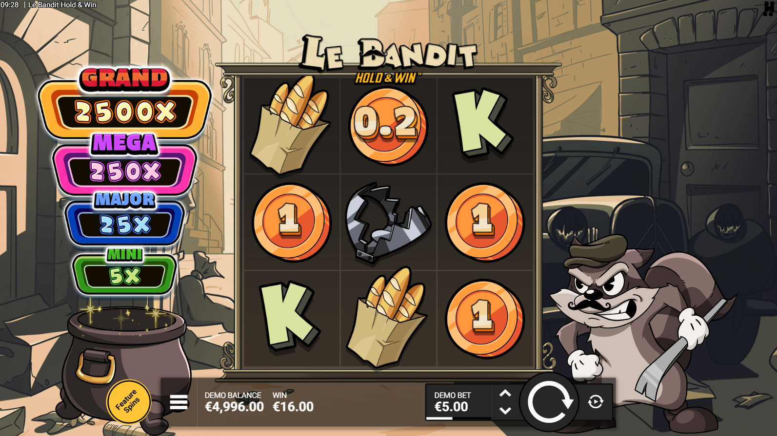 Le Bandit Hold & Win base game showing the 3x3 reel grid with coin symbols