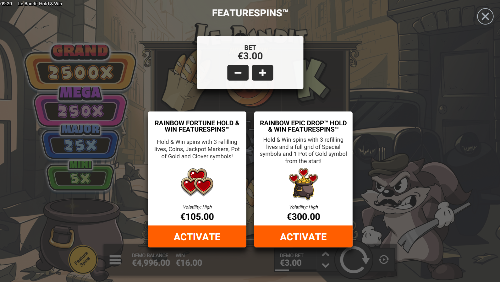 Le Bandit Hold & Win FeatureSpins bonus buy option screen
