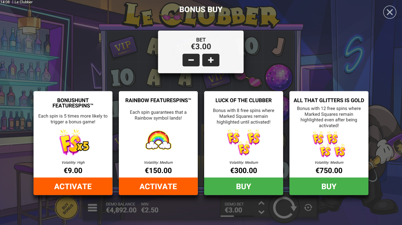 Le Clubber bonus buy options screen