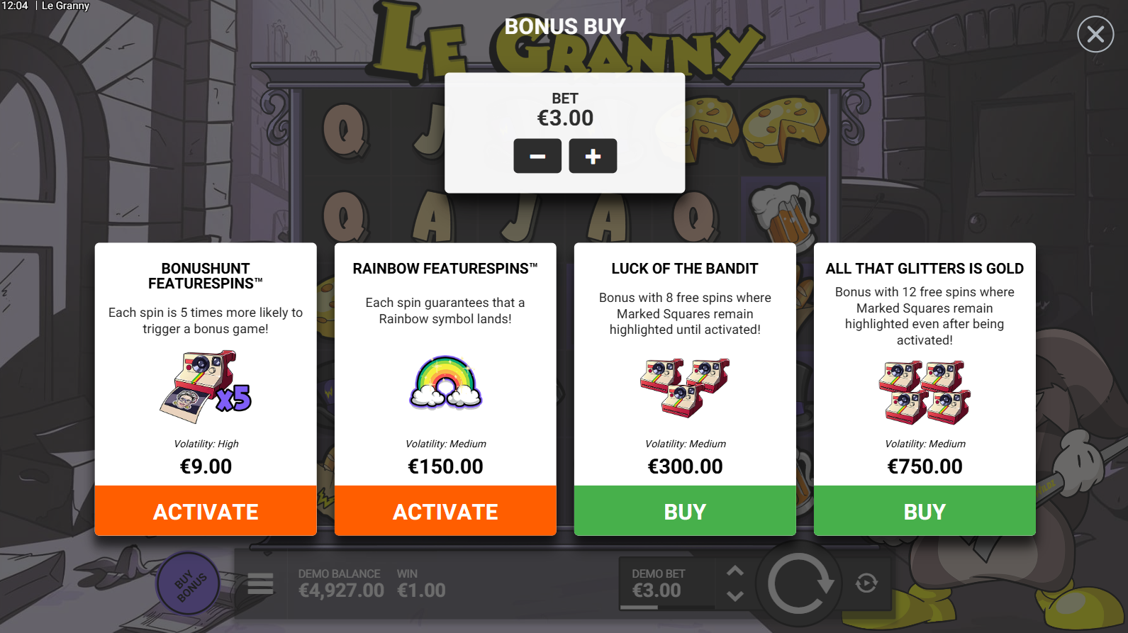 Le Granny bonus buy and FeatureSpins purchase options