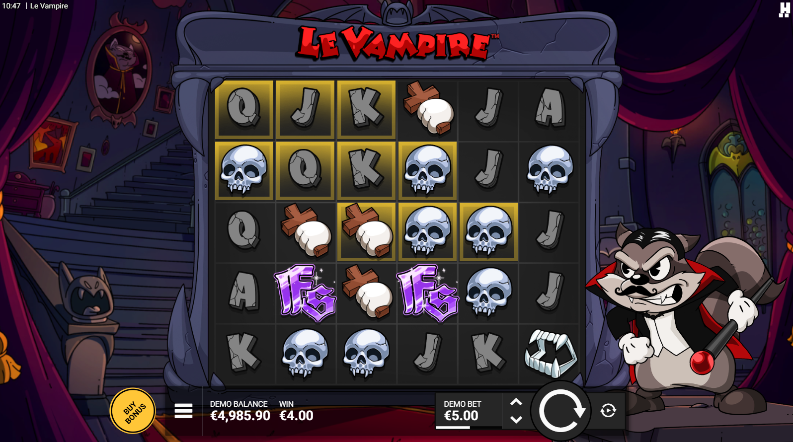 Le Vampire base game showing the 6x5 cluster pays grid