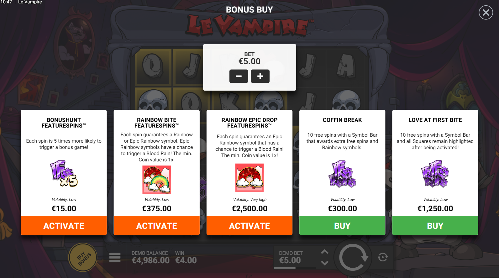 Le Vampire bonus buy options menu