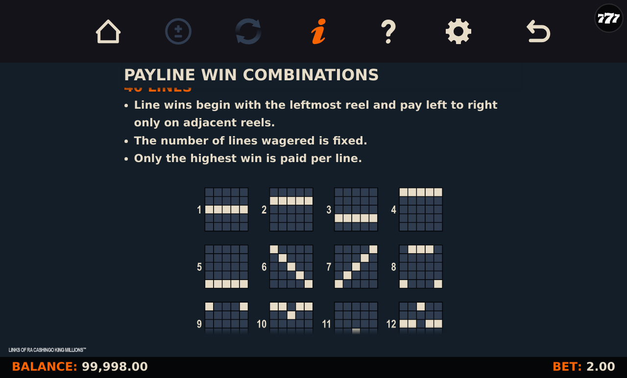 Links of Ra CASHINGO King Millions information screen