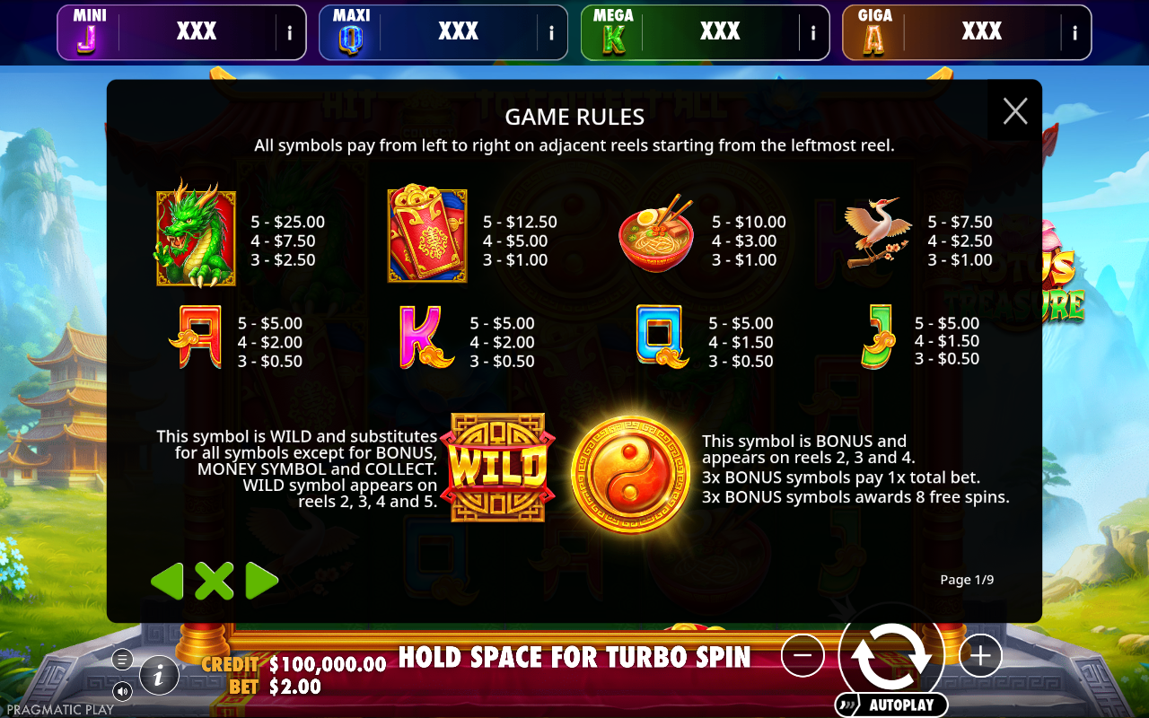 Lotus Treasure - Oranje Jackpot wild and bonus symbols rules