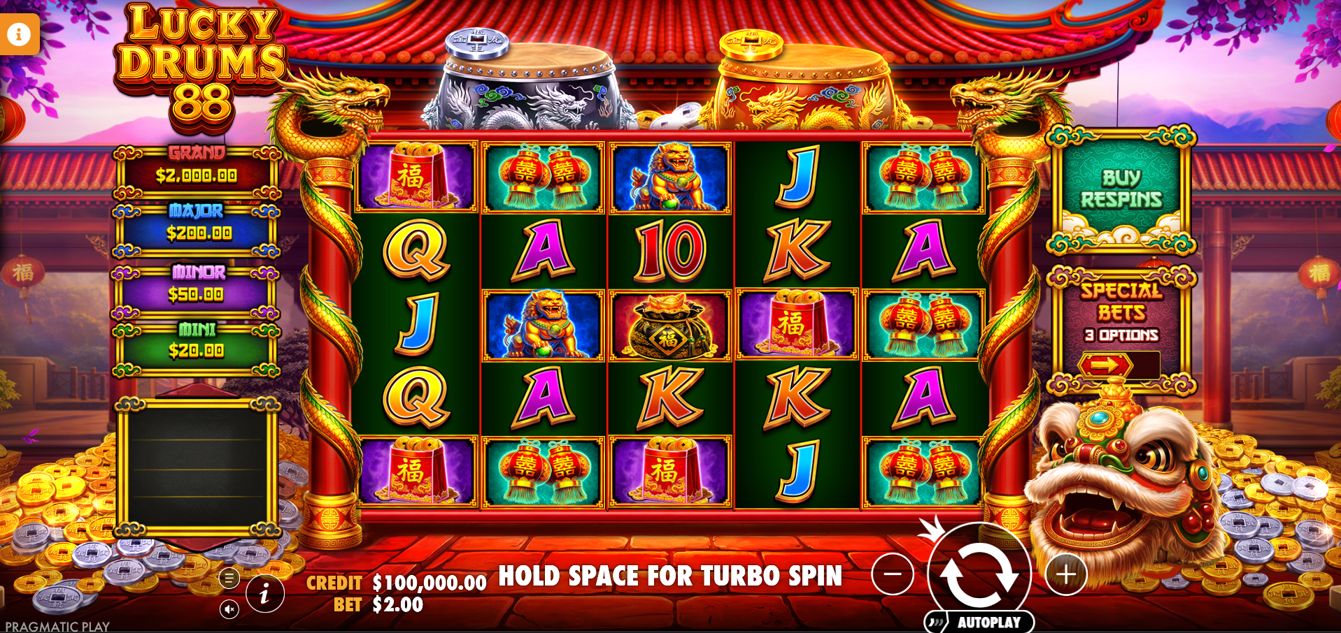 Lucky Drums 88 base game screenshot showing the 5x5 grid with coins on the drums