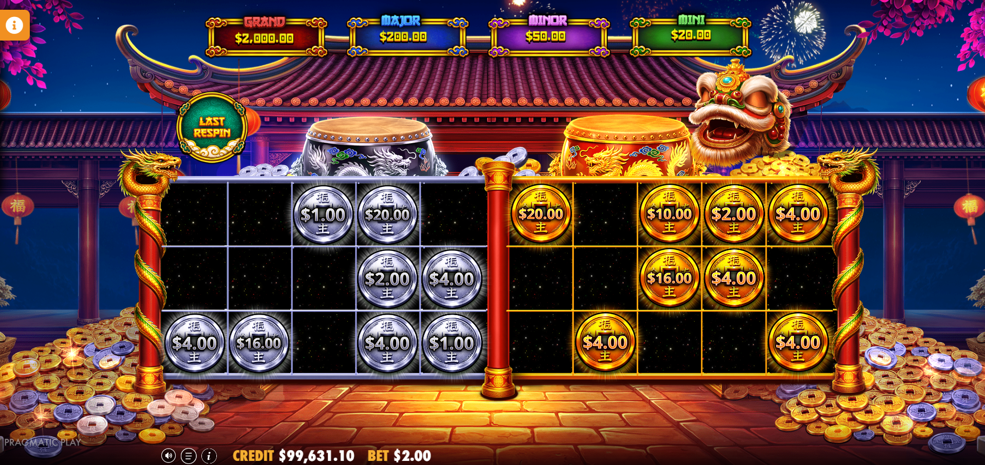 Lucky Drums 88 Hold and Spin bonus round in progress on the 5x3 grid