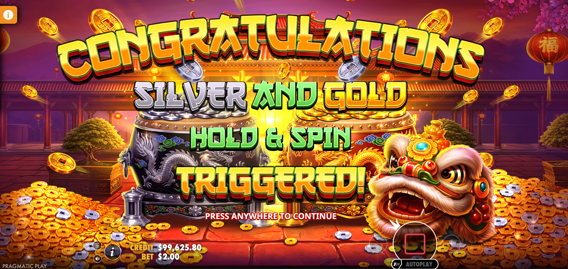 Lucky Drums 88 Hold and Spin bonus trigger with coins landing on the grid
