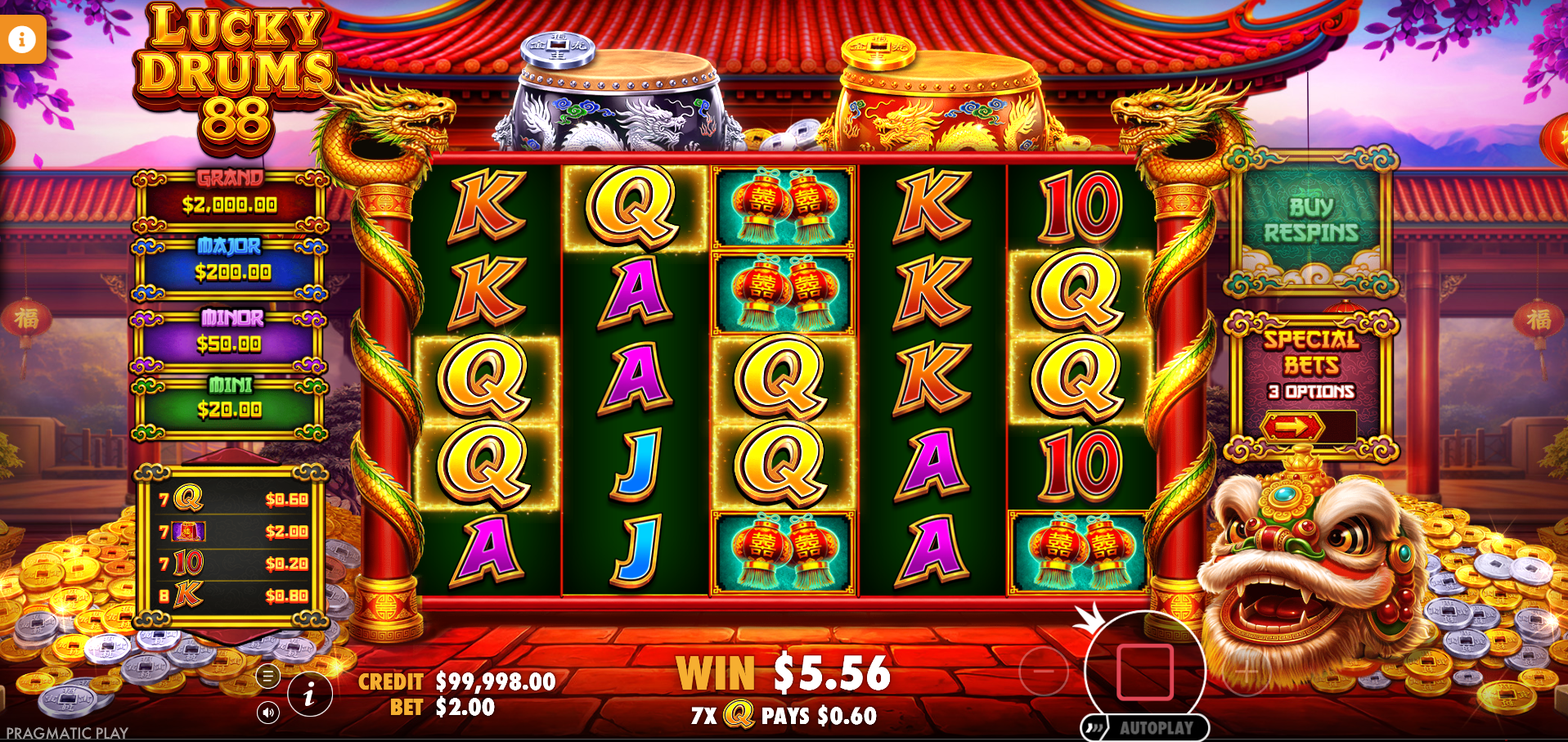 Lucky Drums 88 Pay Anywhere scatter pays mechanic demonstrated on the reels