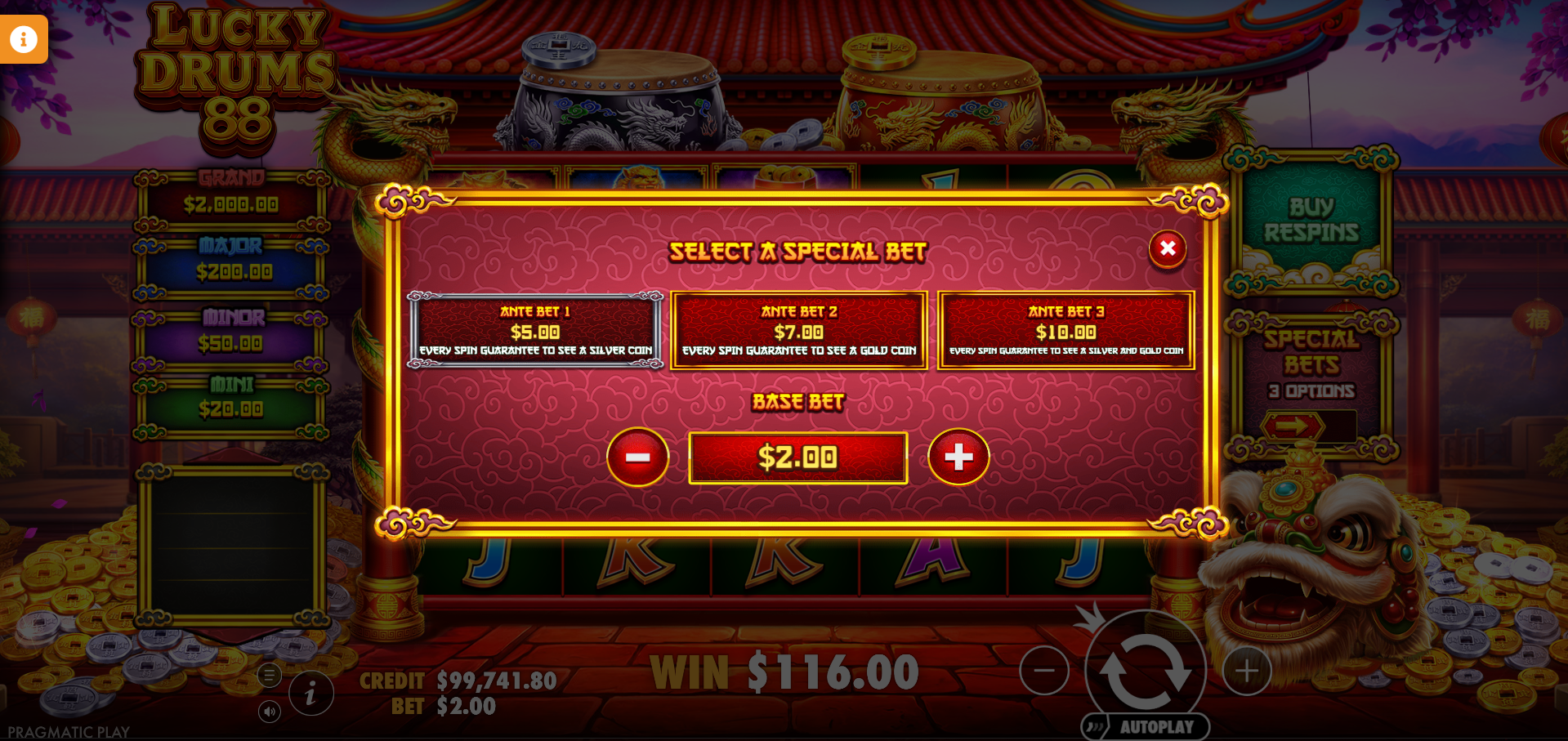 Lucky Drums 88 Special Bet Menu showing Bonus Buy and Ante Bet options