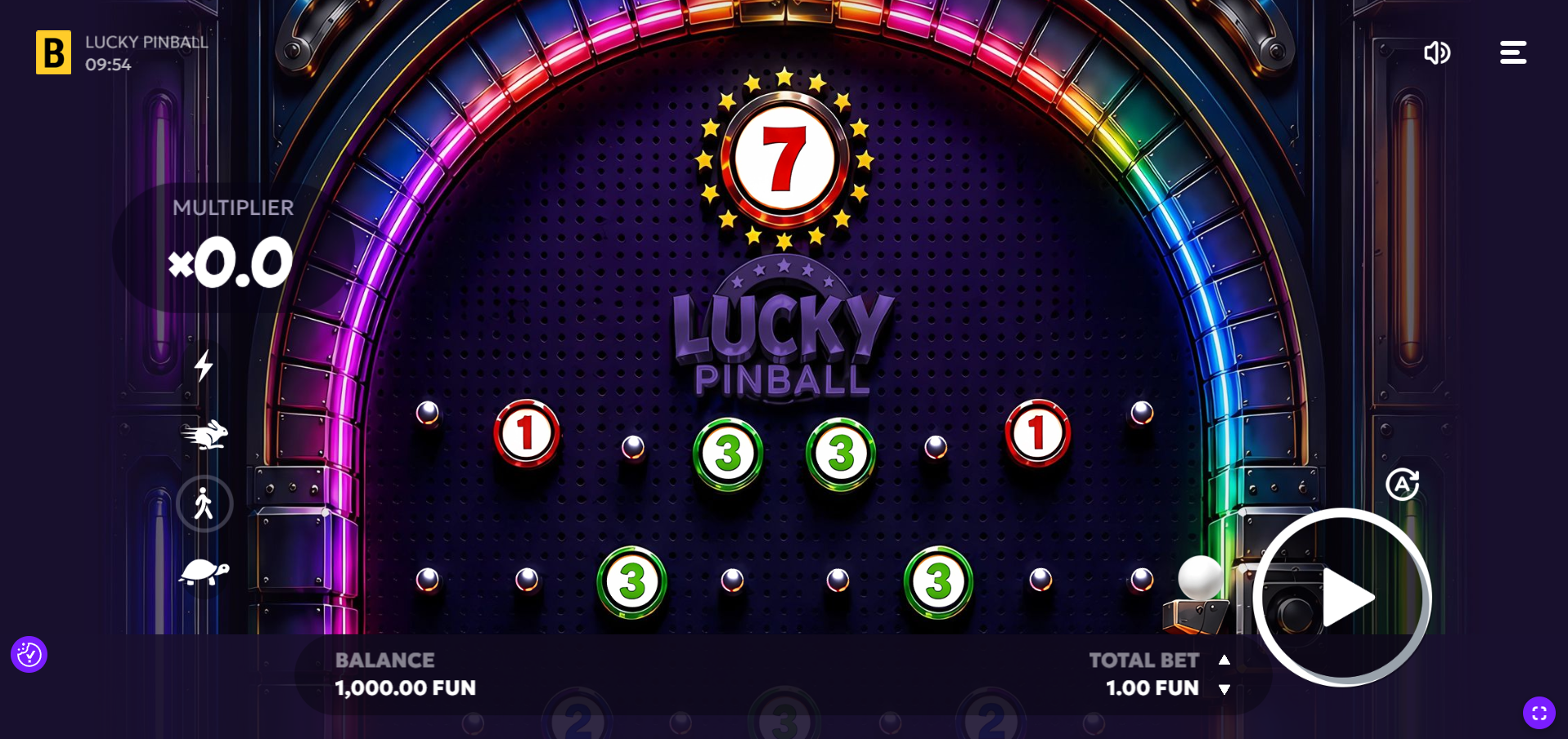 Lucky Pinball base game showing the ball in play with green multiplier points and pockets