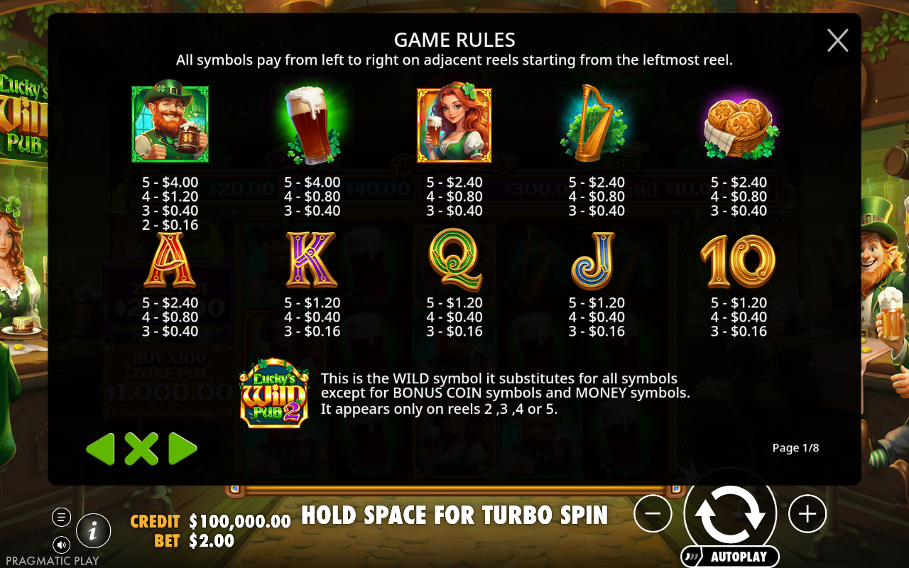 Lucky's Wild Pub 2 information screen