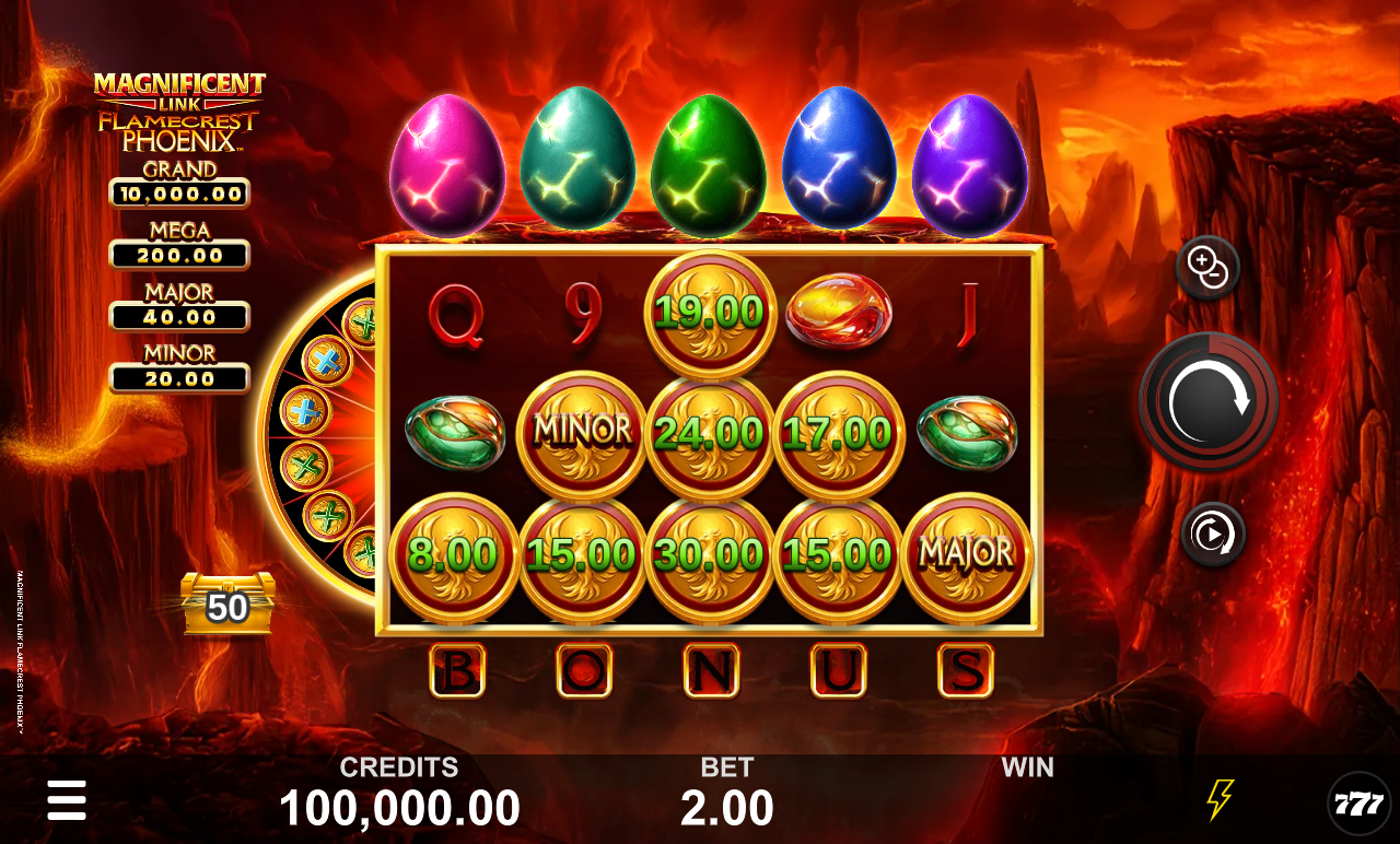 Magnificent Link Flamecrest Phoenix base game: a 5x3 grid of gold cash symbols with five phoenix eggs above the reels and the four-tier jackpot ladder alongside