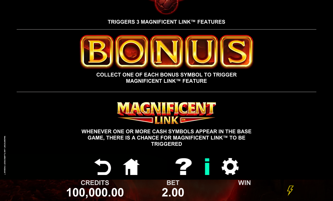 Magnificent Link Flamecrest Phoenix information screen explaining that collecting one of each BONUS symbol triggers the Magnificent Link feature