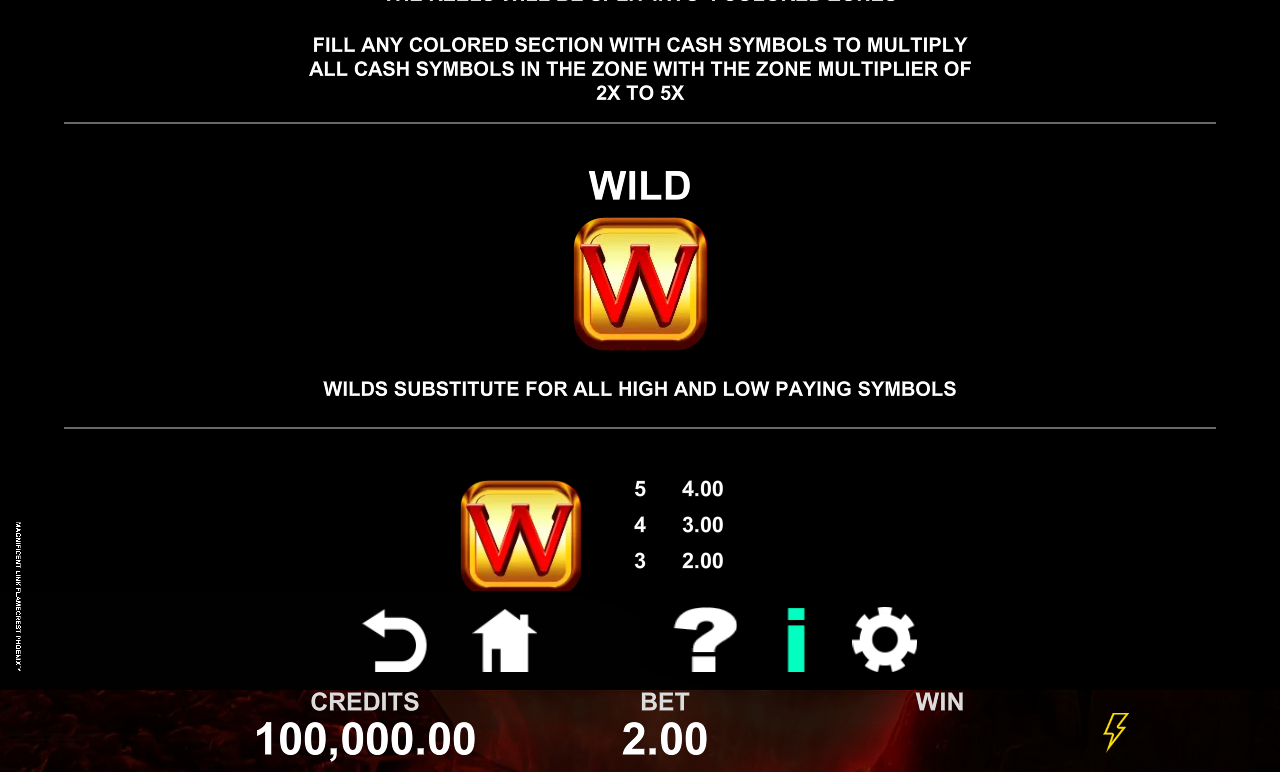 Magnificent Link Flamecrest Phoenix information screen showing the Zone Upgrade multiplier of 2x to 5x and the Wild symbol