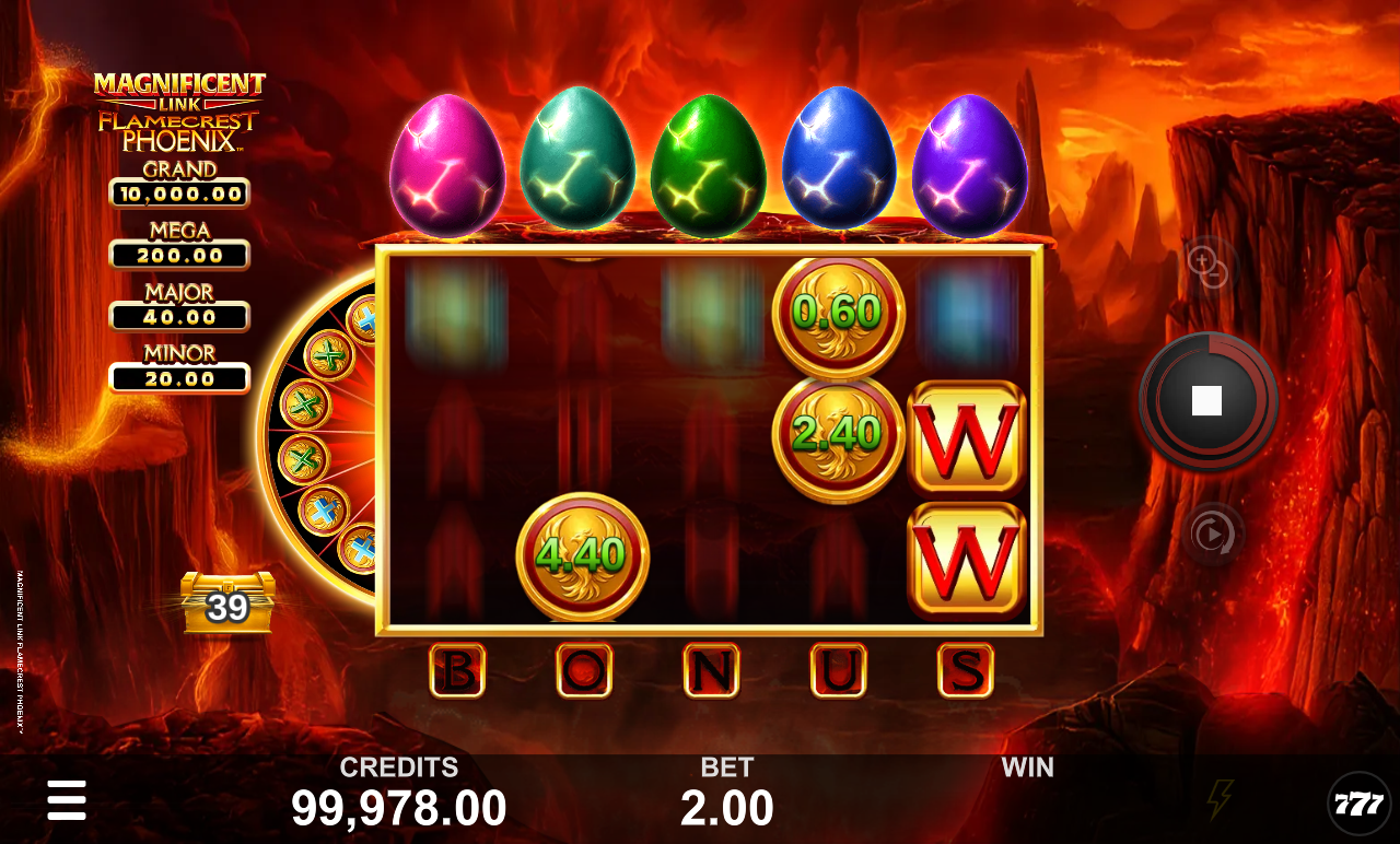 Magnificent Link Flamecrest Phoenix in play with gold cash symbols and two Wilds on the reels and the chest counter running down