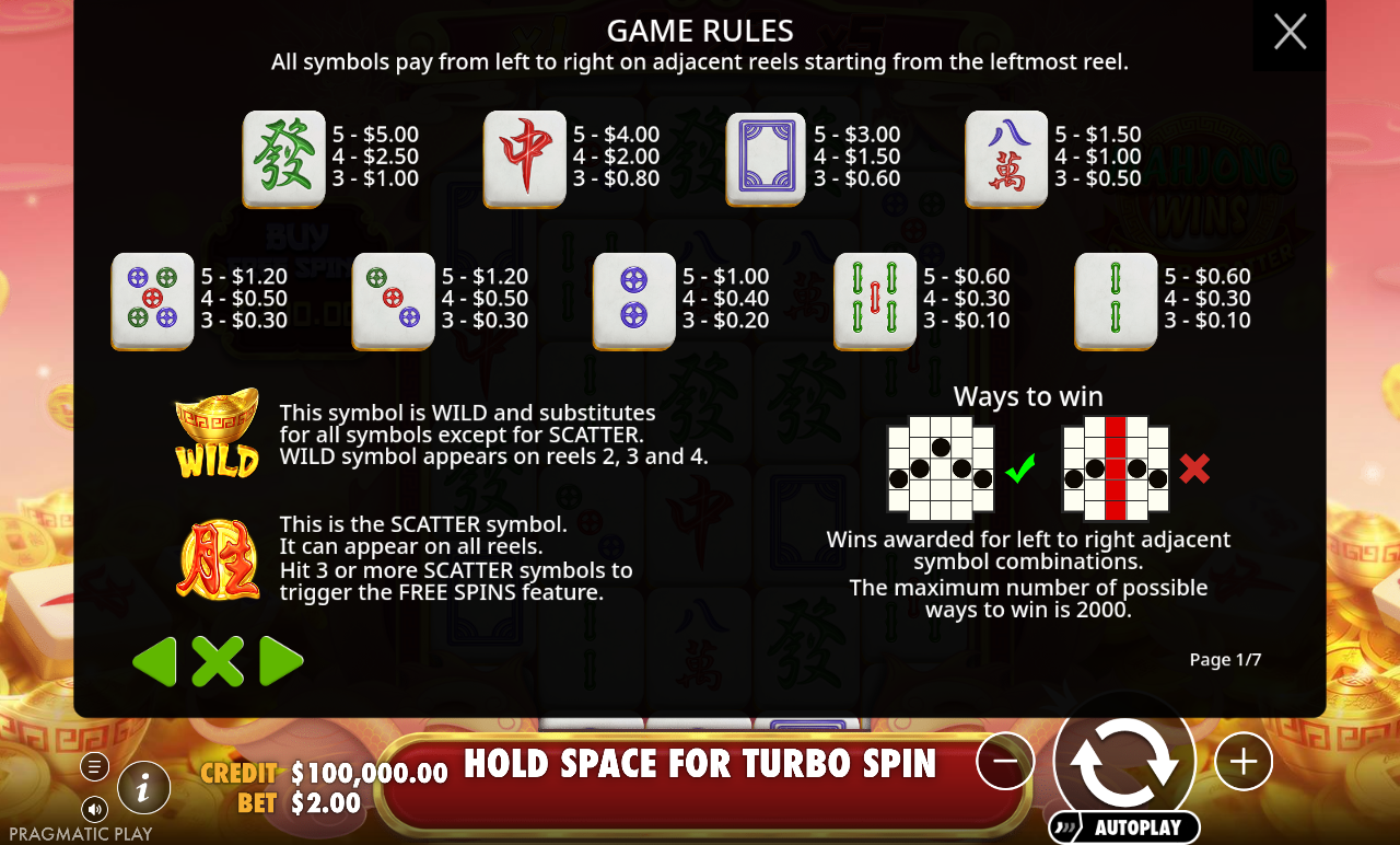 Mahjong Wins Super Scatter paytable and ways to win