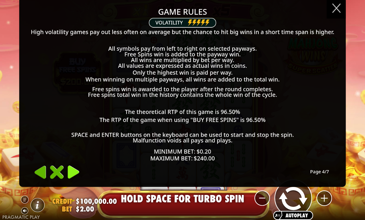 Mahjong Wins Super Scatter game rules and bet limits
