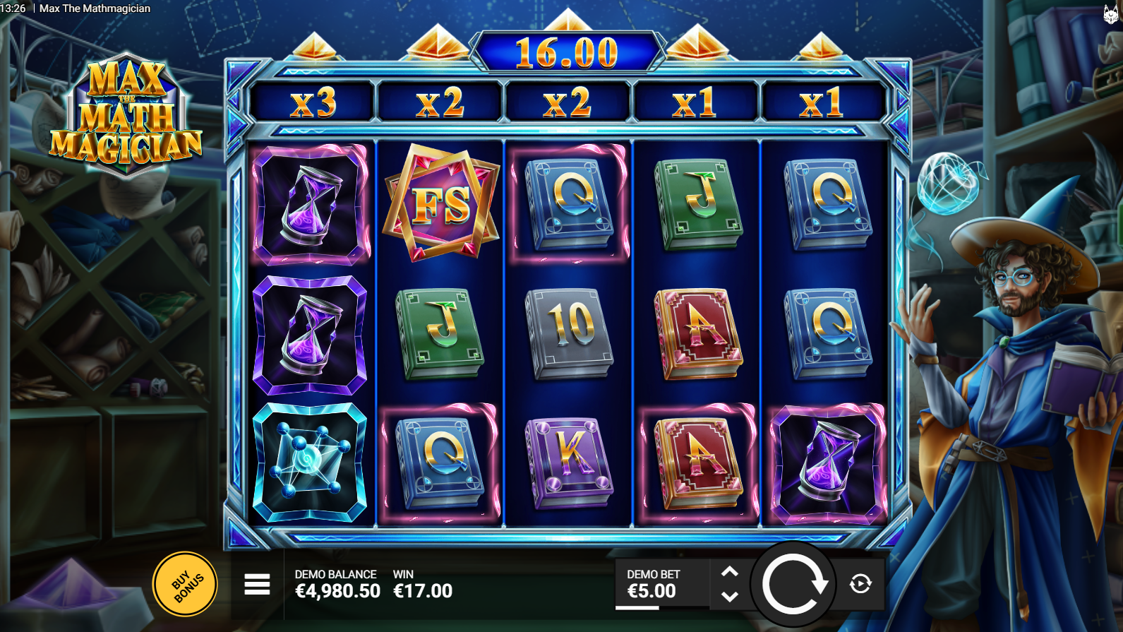 Max The Mathmagician base game showing 5x3 grid with Reel Multipliers and Catalyst Zones