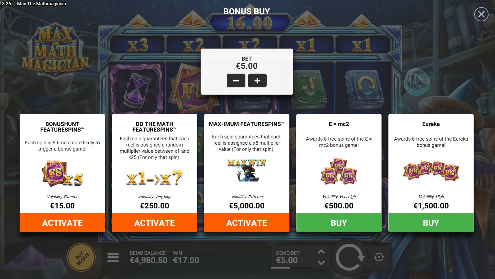 Max The Mathmagician bonus buy options screen showing all available FeatureSpins purchases