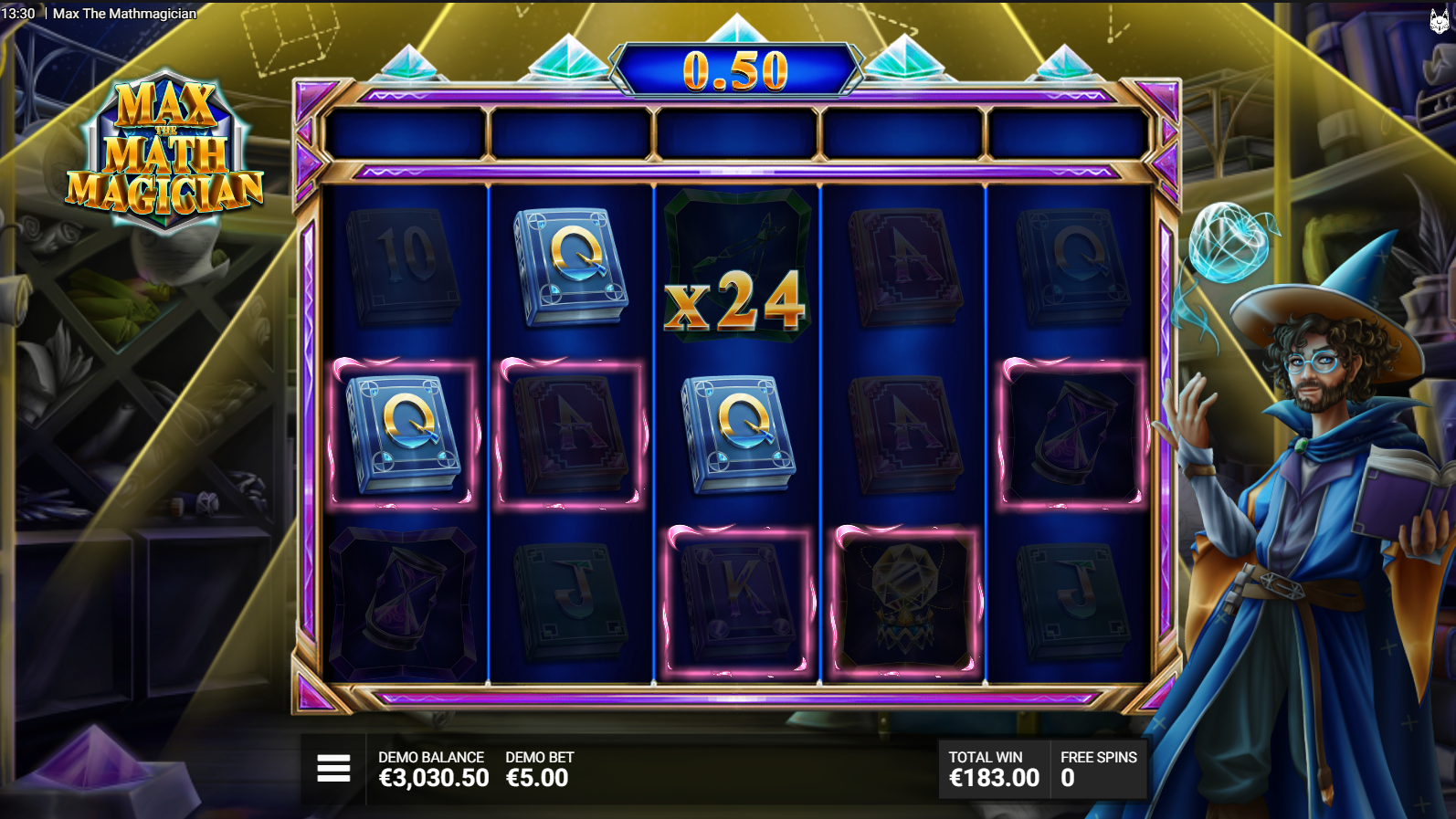 Max The Mathmagician Eureka Bonus free spins with x2 starting Reel Multipliers