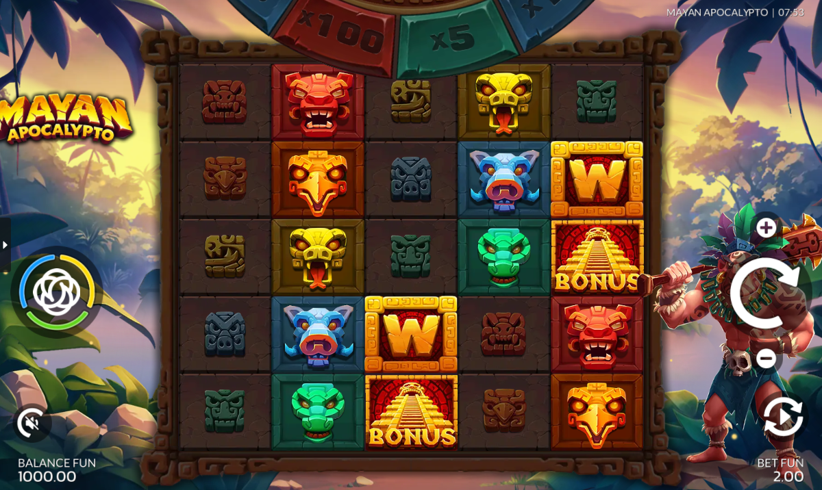 Mayan Apocalypto base gameplay on a 5x5 grid with Mayan temple backdrop