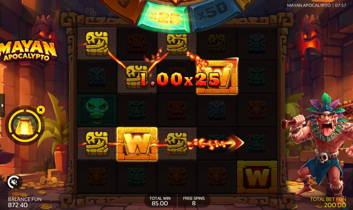 Mayan Apocalypto free spins bonus round with roaming wilds and Maya Wheel multiplier
