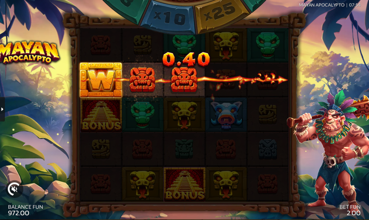 Mayan Apocalypto showing 20 fixed paylines on the 5x5 grid