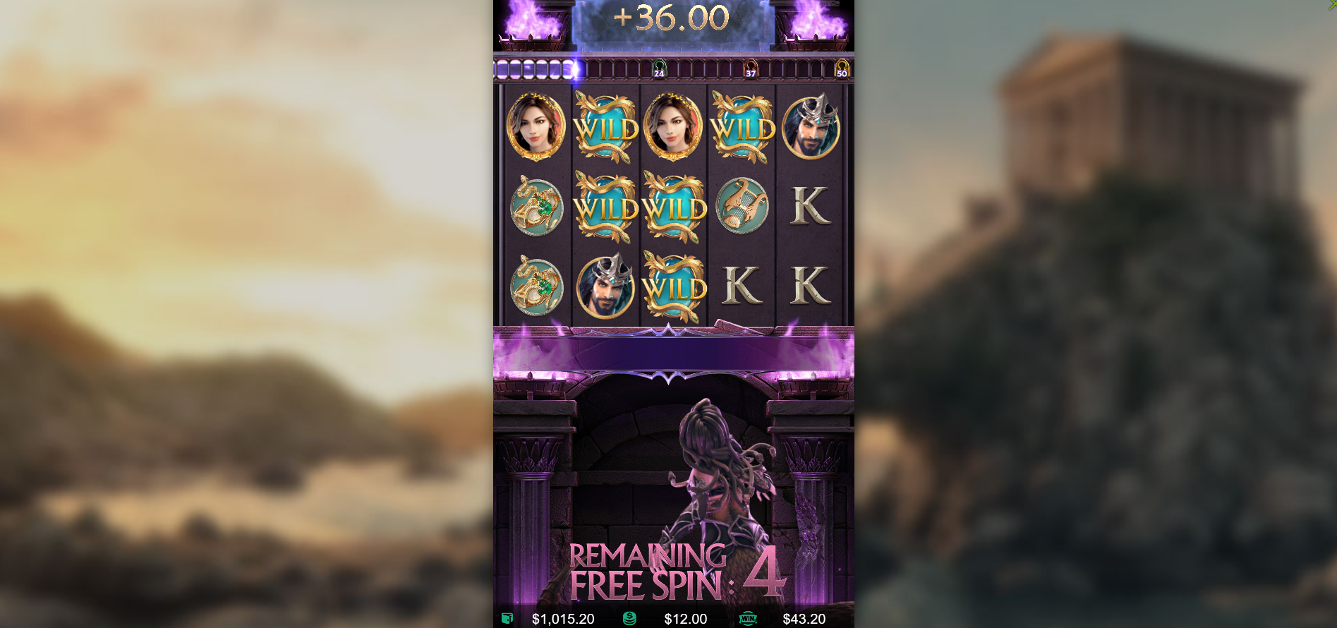Medusa - The Curse of Athena Free Spins feature in play with Wild symbols added to reels