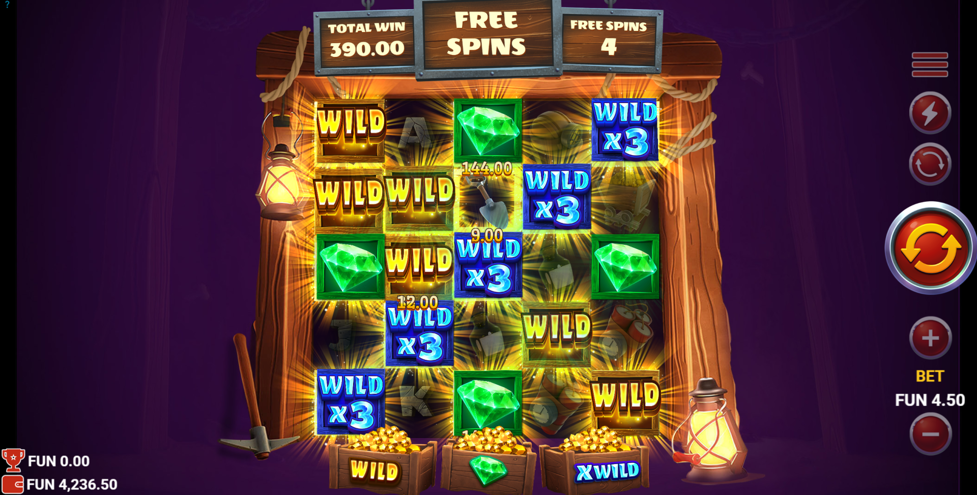 Miners Combo with all three ComboPays patterns active on the reels at once