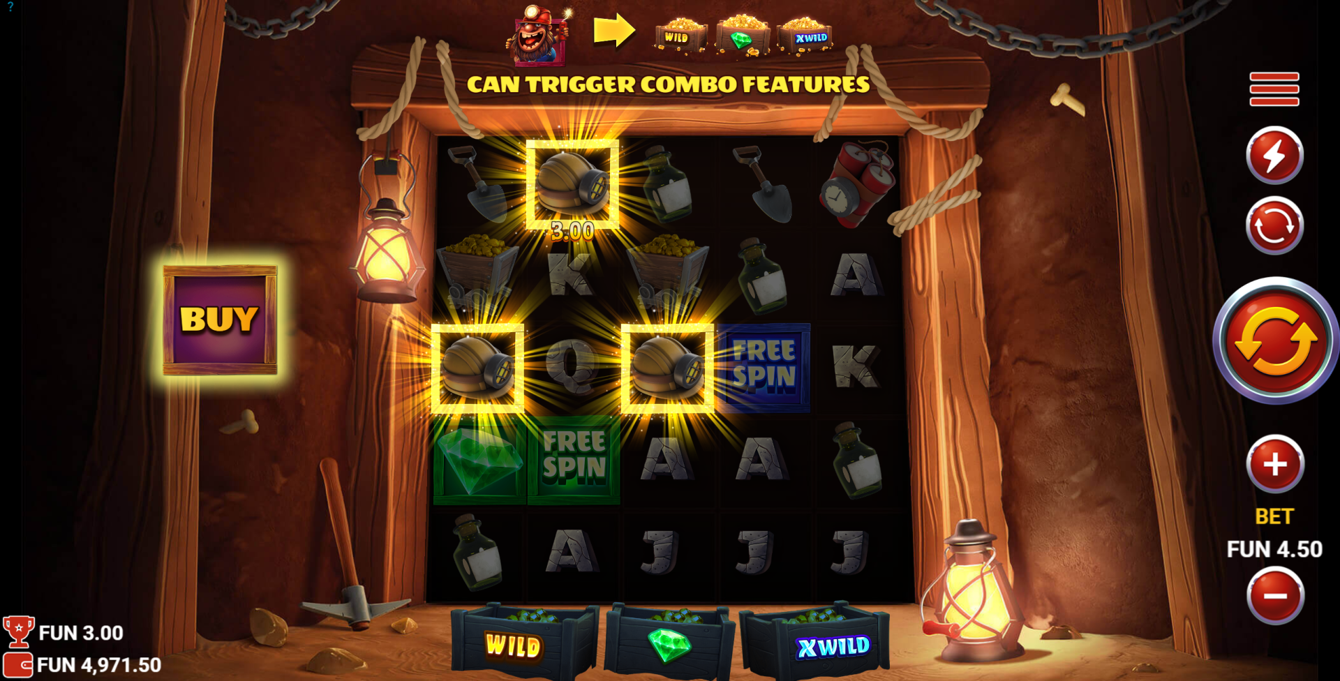 Miners Combo base game showing the 3x5 grid with mining symbols