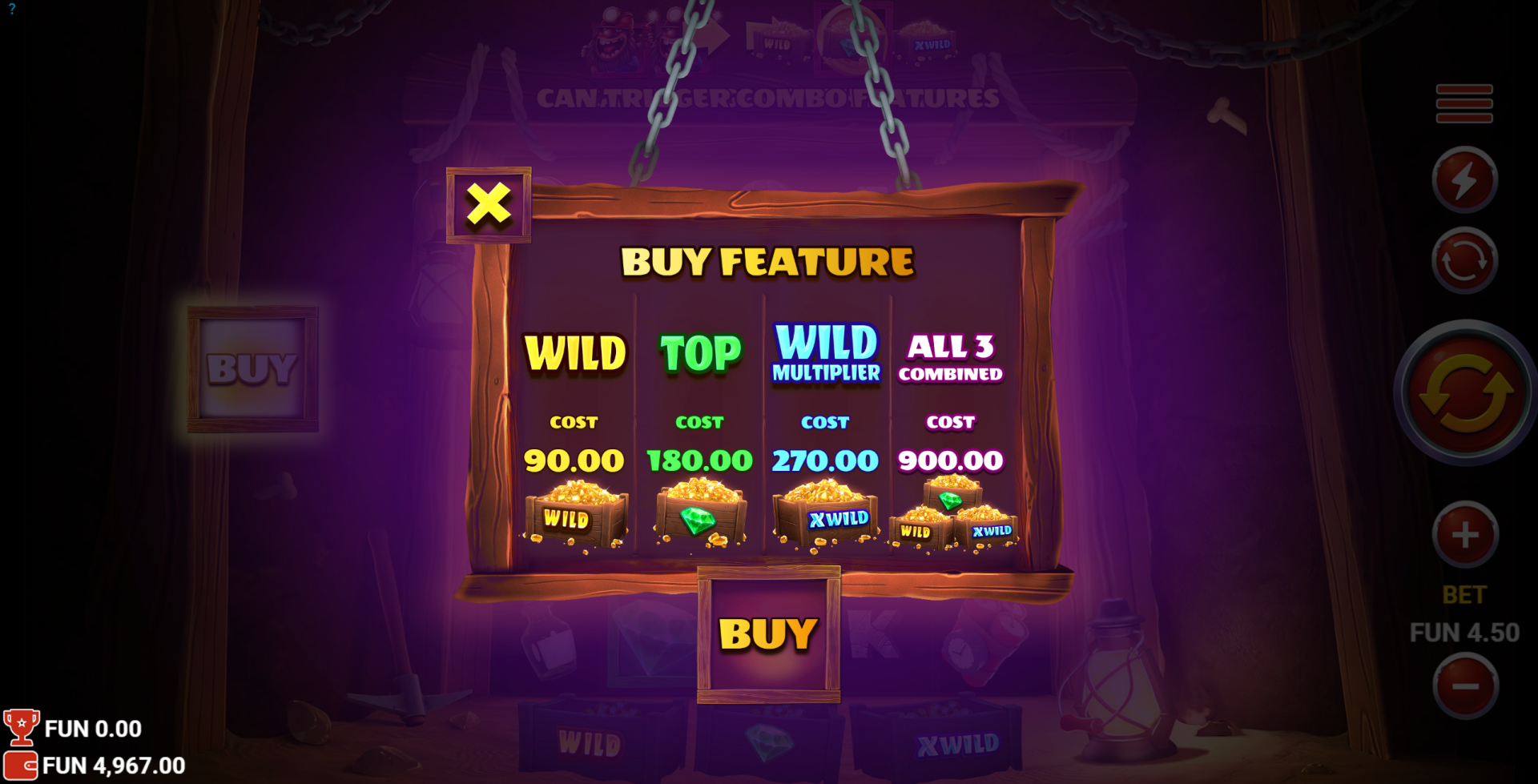 Miners Combo bonus buy options screen